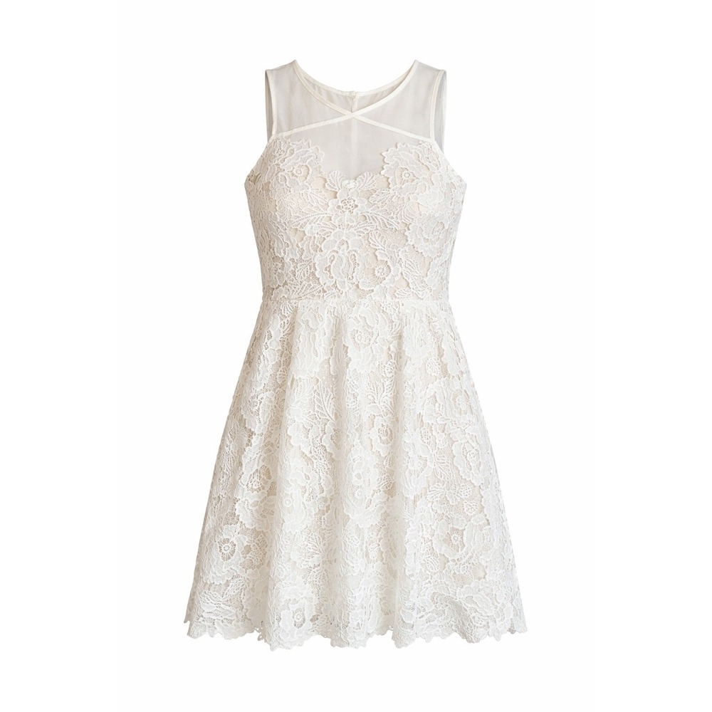 Francesca's White Floral Lace Fit Flare Dress Nude Lining Sleeveless L Sorority